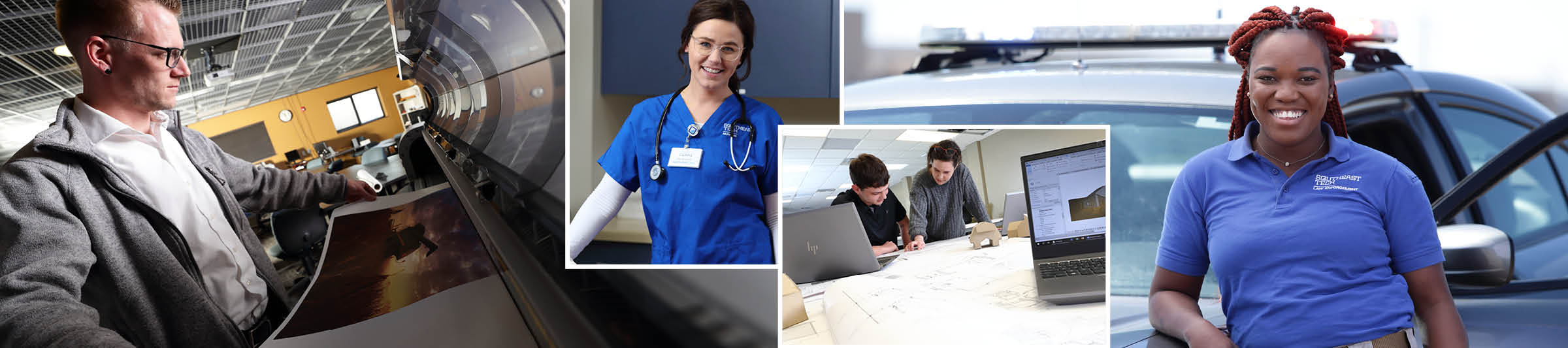 4 image collage: male student at large format printer, brown-haired girl in nursing scrubs, two students looking over architectural drawings, law enforcement student near student patrol vehicle