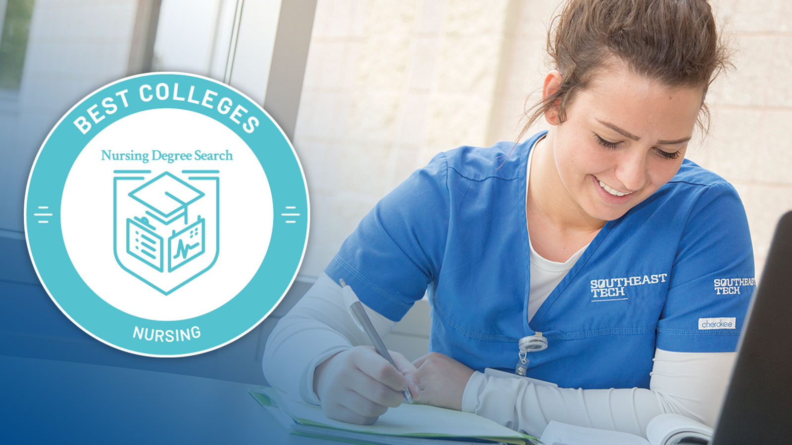 Nursing Award badge with nursing student studying with laptop wearing blue scrubs