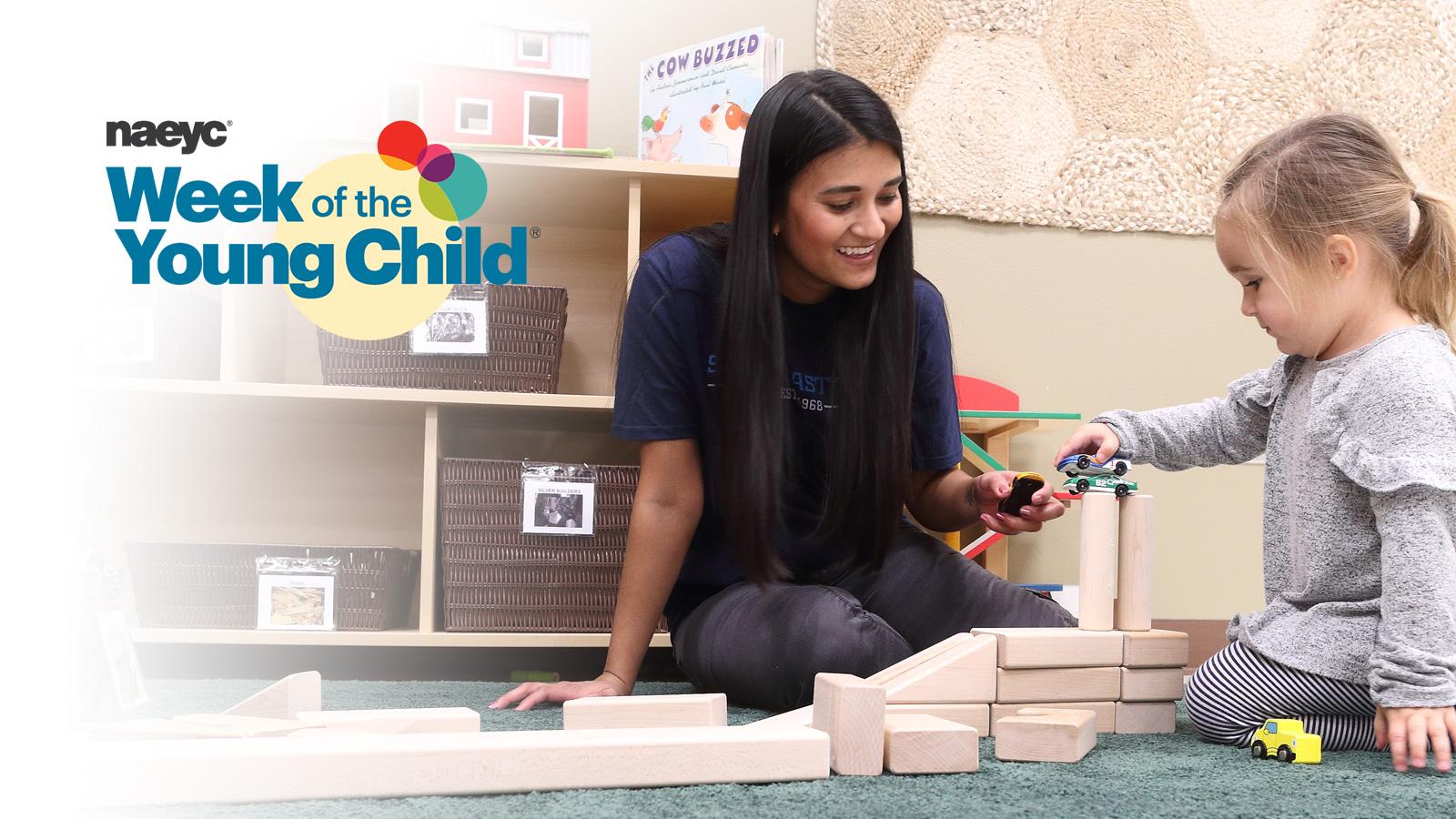 Week of Young Child logo on photo of early childhood student playing on floor with toddler