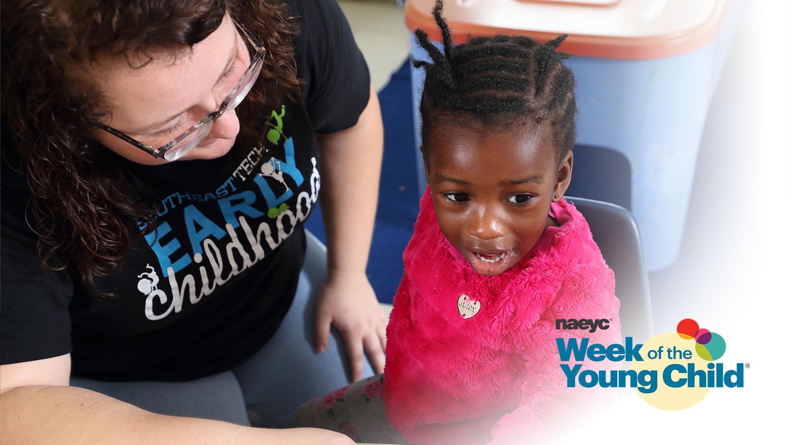 Week of Young Child logo on photo of early childhood student playing on floor with toddler