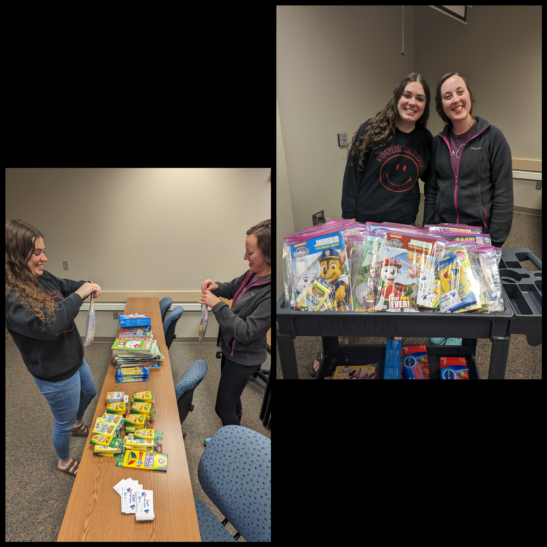 collage of nursing students assembling care kits