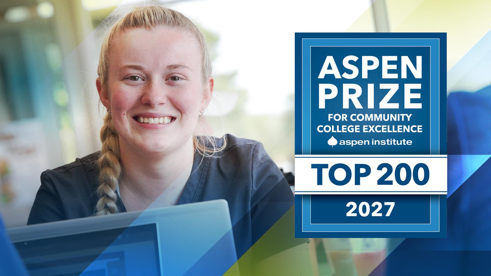 Aspen Prize Top 200 Aspen Award badge with photo of female STC student