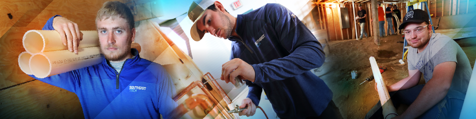 Southeast Tech student carrying PVC piping up, while one student installs PVC piping and another configures copper pipes.