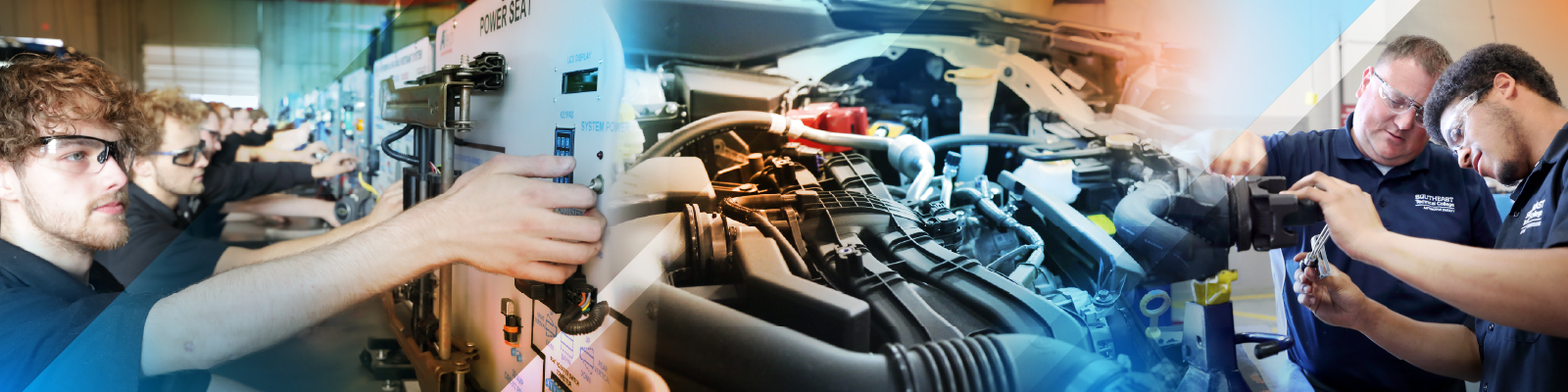 Students learning switches and working on repairing and refinishing engines.