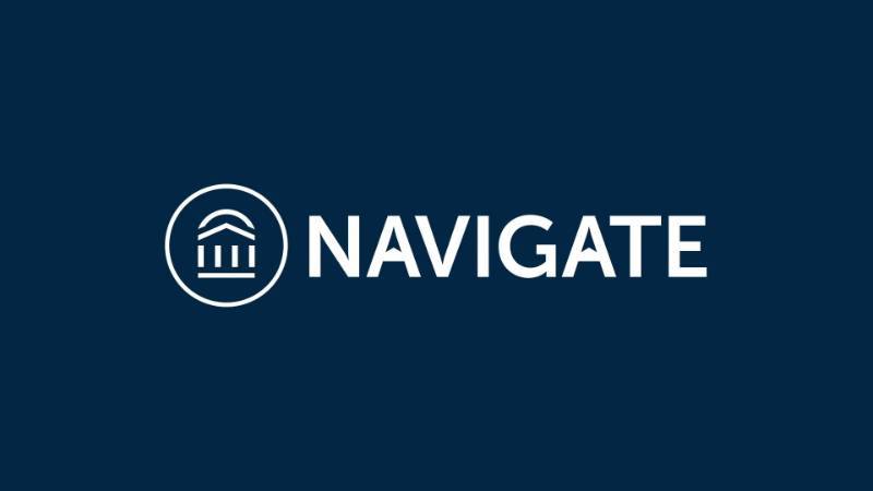 White navigate logo on blue background